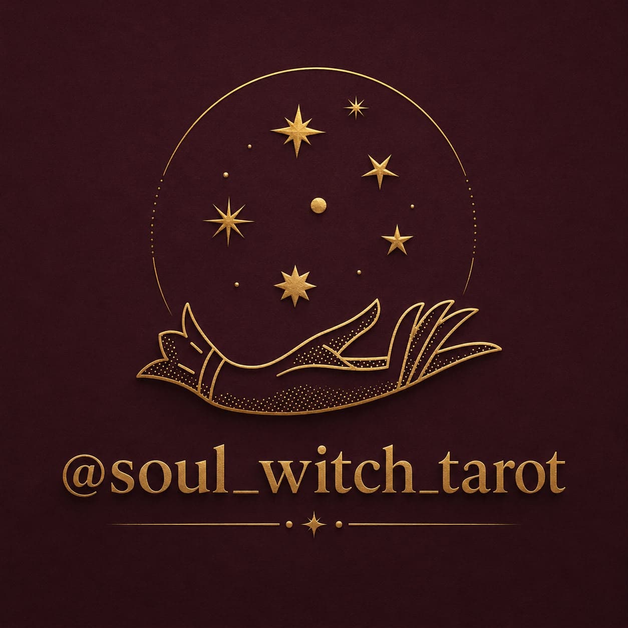 Mão aberta sob estrelas douradas, identidade Soul Witch Tarot